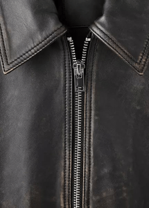 Chaqueta de Motociclista de Cuero Negra para Hombre con Cierre de Cremallera, Cuello Camisero, Corte Corto, Manga Regular, Color Sólido - Product Image 2