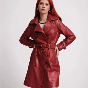 Gabardina Larga de Cuero Sintético Rojo para Mujer, Estilo Casual de Otoño, Cuello con Muescas, Manga Larga, Doble Botonadura, con Cinturón - Product Image 2