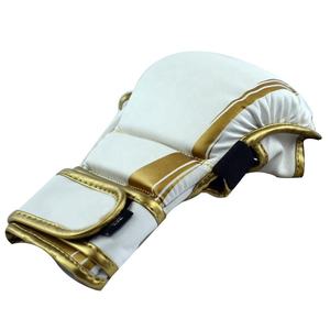 Guantes de Entrenamiento de Boxeo MMA de Medio Dedo en Cuero PU con Ribete Dorado Blanco y Correa de Velcro para Adultos - Product Image 3