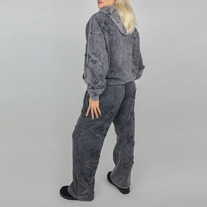 Ensemble sweat-shirt et pantalon gris gaufré croisé pour femme, coupe ample, taille mi-haute avec cordon de serrage, longueur intégrale, couleur unie, tenue décontractée d'automne - Product Image 4
