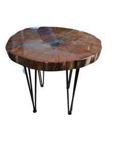 Mesa de Tronco de Madera con Resina Epoxi, Diseño Veta de Zafiro y Grietas Azules, Fusión Azul, Mesa Auxiliar Decorativa Artesanal - Product Image 6