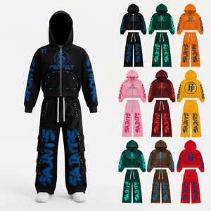 Conjuntos de Dos Piezas a la Moda, Estampado Gráfico Personalizado, Ajuste Cómodo, Estilo Oversize, Sudadera con Capucha de Mezclilla y Pantalones Cargo - Product Image 1