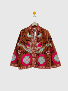 Hand Embroidered Floral Mandarin Collar Jacket Full Sleeve Cotton Women'<b>s</b> Plus Size Spring Wear Prairie Chic Style - Product Image 1
