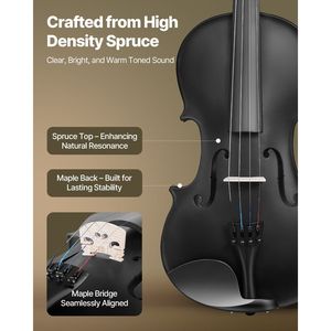 Set di violino in legno massello di 4/4 dimensioni con custodia e colofonia per principianti include violino in colore nero - Product Image 2