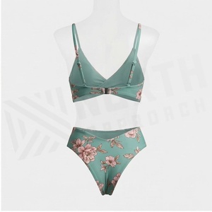 Blue Butterfly Print 2 Piece Yoga <b>Set</b> With Gold Trim Deep V Neck Halter Bodysuit And Knee Length Wrap Skirt - Product Image 2