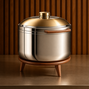 Olla de Acero Inoxidable de Lujo para Mantener la Comida Caliente, con Tapa Redonda Tipo Domo, Base de Madera y Asas - Product Image 3
