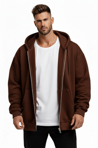 Sudadera con Capucha Unisex de Alta Calidad, Color Marrón Liso, Cierre Completo, Forro Polar Grueso de 300g, Cálida, Talla Grande, 100% Algodón, para Invierno - Product Image 6