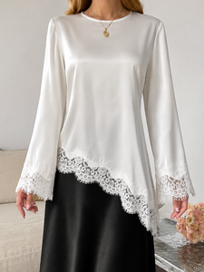 Women's Satin Lace Trim Blouse Long Sleeve Asymmetrical Hem Elegant Loose Fit Casual Fashion <b>Top</b> - Product Image 1