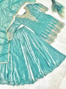 <b>Light</b> <b>Blue</b> Pakistani Dress Embroidered Salwar Kameez Set Long Sleeve <b>Lehenga</b> Outfit for Wedding Festival Wear - Product Image 3