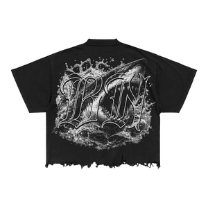 เสื้อยืดโอเวอร์ไซส์สีดำสำหรับผู้ชาย พิมพ์ลายกราฟิกฉลาม สไตล์สตรีท คอกลม แขนสั้น ผ้าคอตตอนเจอร์ซีย์ ทรงบ็อกซี่ ชายเสื้อแบบดิบ - Product Image 4