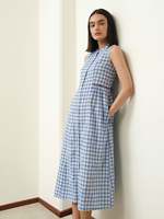 Robe midi sans manches à carreaux bleus, boutonnée sur le devant, col chemise, décontractée, en coton tissé respirant, coupe droite, ourlet droit, pour l'été
