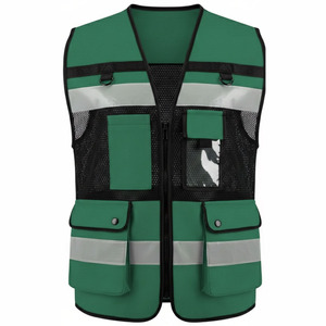 Men's Green Reflective Safety <b>Vest</b> With Multiple Pockets Breathable Zipper Closure Casual Outdoor Work Wear - Product Image 2
