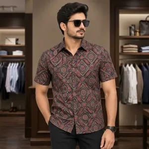 Men's Short Sleeve <b>Geometric</b> Print Casual <b>Shirt</b> Turn-down Collar 100% Cotton Breathable Knitted ODM Summer Style - Product Image 2