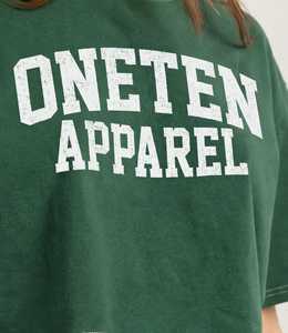 T-shirt court vert pour femme Oneten Apparel, manches courtes, épaules tombantes, col rond, imprimé lettres, décontracté - Product Image 6
