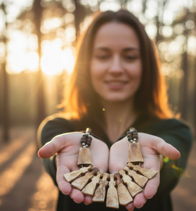 Collier ras du cou artisanal audacieux en os organique : Pièces multiformes en crêpe de banane blanchies avec un fil de perles graduées brun cumin - Product Image 1