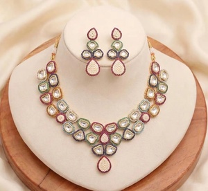 White <b>Ruby</b> Vintage IGI Certified Brass Gold Plated Wave <b>Necklace</b> Set Bridal Wedding Engagement Party Statement <b>Necklace</b> - Product Image 3