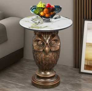 Owl Sculpture Side <b>Table</b> With Faux <b>Marble</b> Top Base Decorative Living Room Furniture Eclectic Style Antique Finish - Product Image 1