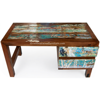 Bureau d'écriture DIVADI en bois de bateau recyclé fait main, style industriel minimaliste, écologique, pour bureau à domicile, 3 tiroirs, naturel et original