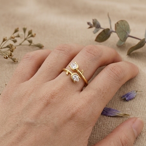 Pear Cut Moissanite Open Ring for Women Minimalist Leaf <b>Wrap</b> Gold Adjustable Promise Ring - Product Image 4
