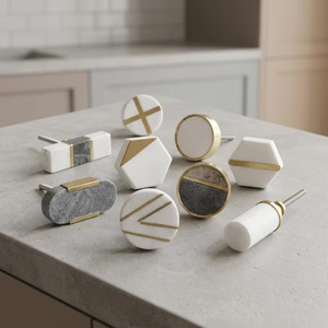 Geometric Marble Cabinet Knobs with Gold Accents Minimalist Furniture Handles for Kitchen Drawer <b>Door</b> Pulls - Product Image 1