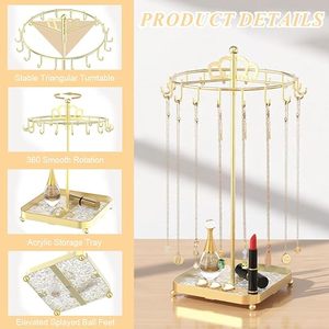 Expositor de Joyería Rectangular Giratorio de Lujo con Acabado Dorado y Cadenas Colgantes para un Almacenamiento Elegante de Joyas - Product Image 6