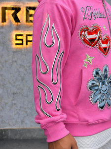 Custom <b>Pink</b> Rhinestone Graphic Zip <b>Hoodie</b> Unisex Regular Fit Formal 100% Cotton Eco-Friendly Breathable Flame Skull Heart - Product Image 2