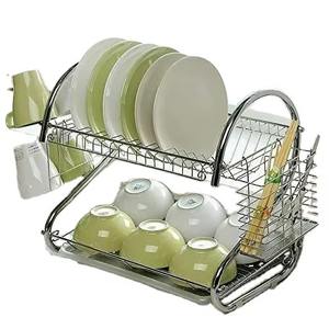 Étagère à vaisselle en acier inoxydable à deux niveaux offrant un rangement supplémentaire pour assiettes, bols et ustensiles de cuisine - Product Image 1