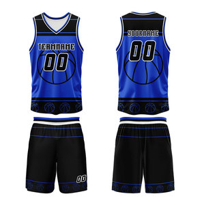 Custom Sublimated Basketball Uniform Set Blue Black Mesh Jersey Shorts Unisex Adult V-<b>Neck</b> Sleeveless Team Name Number - Product Image 1