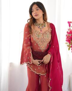 Conjunto de Palazzo de Seda Simar Bordado para Mujer con Dupatta, Kurta Brillante, Salwar Kameez, Traje Festivo Indio Pakistaní - Product Image 2