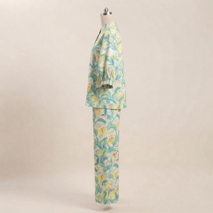 Conjunto de Pijama de Satén 100% Algodón Azul Marino para Mujer, Manga Larga, Cuello en V, Cintura Elástica, Botones al Frente, Ropa de Dormir Ecológica y Transpirable - Product Image 2