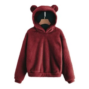 Women's Faux <b>Fur</b> <b>Hoodie</b> With Bear Ears Solid Color Long Sleeve Pullover Winter Warm Hooded Sweatshirt - Product Image 5