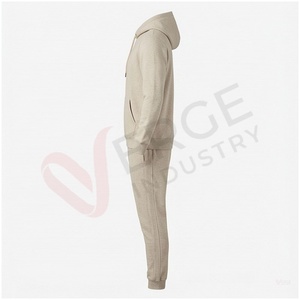 Ensemble de survêtement beige à capuche pour homme, manches longues, couleur unie, coupe décontractée, vêtement d'automne respirant 100% coton - Product Image 3