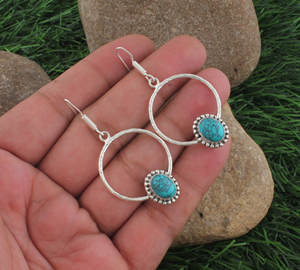 Pendientes Colgantes de Plata de Ley 925 al por Mayor con Marco Circular de Turquesa, Gema Ovalada Natural con Engaste de Cuentas y Gancho Circular, Regalo - Product Image 3
