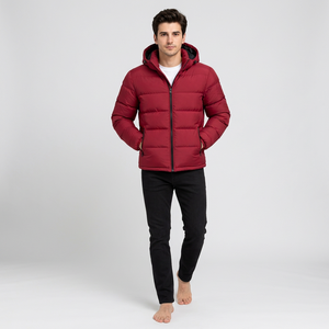 Veste matelassée à capuche rouge pour homme, fermeture éclair, coupe-vent, manteau d'hiver décontracté, coupe régulière, rembourrage en polyester, couleur unie - Product Image 5