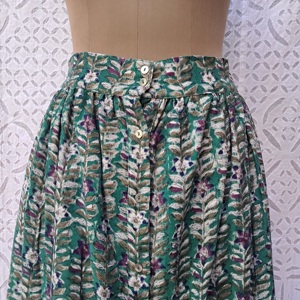Botanical Block Print Cotton Womens Maxi <b>Skirt</b> Button Front Elastic Waist Ruffle Hem Green Floral <b>Boho</b> Handcrafted Full <b>Skirt</b> - Product Image 2