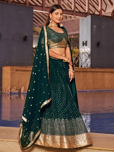Emerald Green <b>Sequined</b> <b>Crop</b> <b>Top</b> with Gold Embellishment Scoop Neck Short Sleeve Natural Waistline Floral Print Bridesmaid Dress - Product Image 5