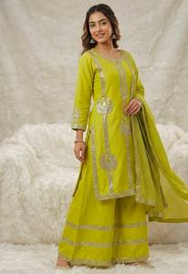 NiMa Creations Women's Lime <b>Green</b> <b>Silk</b> Salwar Kameez Gold Embroidery Traditional Indian Pakistani Casual Wedding Outfit - Product Image 3