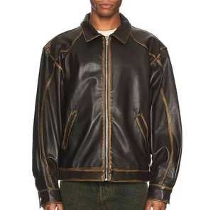 Men's Genuine <b>Leather</b> <b>Biker</b> <b>Jacket</b> Stand Collar Zipper Closure Regular Fit Solid Color Waterproof Winter Wear Color Blocking - Product Image 1