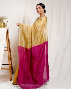 Sari en coton et soie Khadi KV Luminous Golden & Pink avec blouse non cousue - Product Image 4