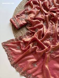 Ocassional wear Space Silk with Gold <b>Beads</b> & Cutdana Hand work Butta & Border Saree-Matching work Blouse Set Indian Exporter - Product Image 3
