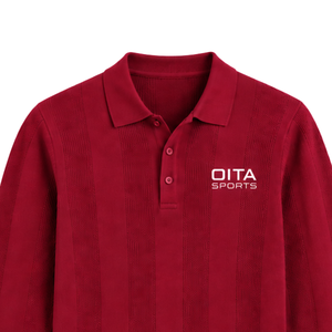 Crimson <b>Red</b> Mens <b>Long</b> <b>Sleeve</b> Knitted Polo Shirt Vertical Textured Pattern Ribbed Hem Casual Smart Pullover Fashion <b>Top</b> - Product Image 3