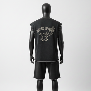 Conjunto de Pantalones Cortos sin Mangas de Felpa de Algodón Premium 100% para Hombre, Color Carbón, Bajo sin Rematar, Ropa Deportiva, Logotipo Personalizado con Impresión Puff - Product Image 2