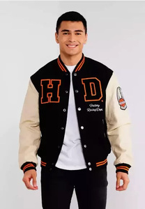 Custom Black Wool Varsity <b>Jacket</b> Men Beige <b>Leather</b> Sleeve Racing Patch Bomber <b>Jacket</b> Wholesale Letterman Baseball - Product Image 4