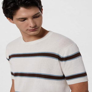 T-shirt da uomo <span class=keywords><strong>bianca</strong></span> in maglia <span class=keywords><strong>a</strong></span> maniche corte con scollo rotondo <span class=keywords><strong>a</strong></span> <span class=keywords><strong>righe</strong></span> orizzontali marroni <span class=keywords><strong>e</strong></span> <span class=keywords><strong>blu</strong></span>, casual - Product Image 2