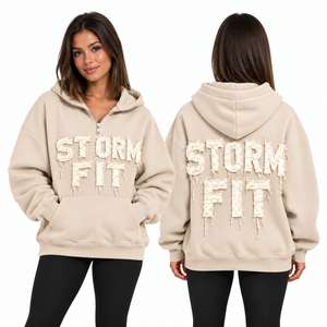 Sweat à capuche mi-zippé pour femme, bordeaux, coupe Storm Fit, avec appliqué lettres, épaules tombantes, poche kangourou, en polaire décontractée, style streetwear, coupe-vent - Product Image 5