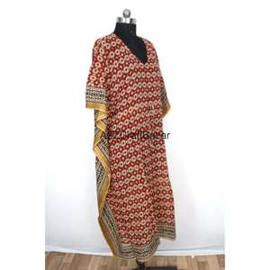 Robe Kaftan Midi Moulante 100% Coton Pur à Motifs Floraux Indiens, Style Sexy pour Mamans, Idéale Été Printemps Plage ou Tenue de Nuit - Product Image 5