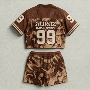 ชุดเซ็ตเสื้อครอปแขนสั้นคอวีผ้าตาข่ายระบายอากาศพร้อมกางเกงขาสั้นผูกเชือกพิมพ์ลายซับลิเมชั่นน้ำหนักเบาสำหรับผู้หญิงจาก Aliroz Industry - Product Image 2