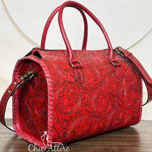 Bolso Grande de Cuero Repujado a Mano Estilo Vaquero Rojo, Bolso de Hombro de Lujo para Mujer, Bolso de Viaje, Bolso de Diseño - Product Image 1