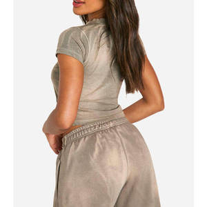 Camiseta Corta de Punto de Algodón Gris para Mujer, Cuello Redondo, Manga Corta, Informal, Verano, Transpirable, Color Sólido, Estilo Urbano - Product Image 5