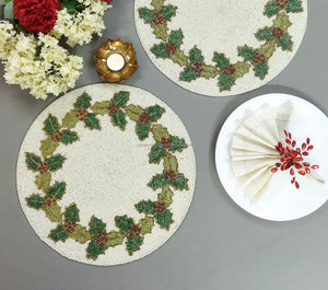 Holly HandWork <b>Beaded</b> <b>Placemat</b> Handmade Christmas Table Mat Round Holiday Charger Plate Festive Dining Table Decor - Product Image 3